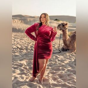 JESSAKAE Women’s 4XL Noor Dress Velvet Magenta Stretch Front Panel Drape Sash